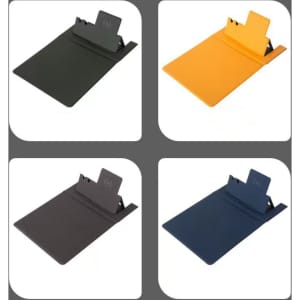 A multi-function mouse pad with wireless charging in black, green, yellow, and navy blue. Features a logo.
