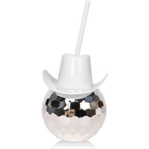 A drink bottle shaped like a disco ball with a white cowboy hat and straw, featuring reflective silver and white colours.