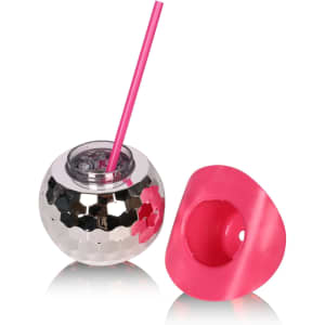 A Disco Cowboy Hat Cup with a shiny silver ball design and a bright pink straw. Features a removable pink lid.