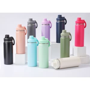 A drink bottle collection featuring various colours, including pink, green, purple, and black, with a magnetic lid and a logo.