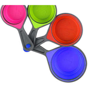 A set of silicone measuring cups in pink, green, red, and blue, featuring a grey handle and a logo.