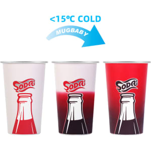 A drink cup featuring a colour-changing design, transitioning from white to red, with a logo. Holds 15 oz.