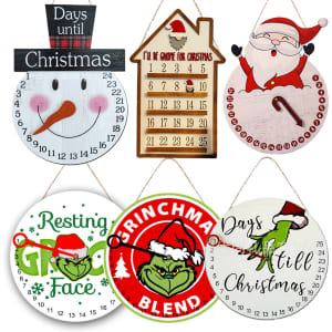 A collection of festive Christmas calendar ornaments in various shapes, featuring snowmen, Santa, and Grinch designs in red, green, and white.