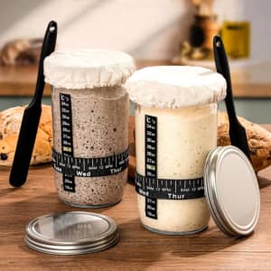 A 32 oz Mason fermenter jar in clear glass, featuring a measurement scale, lid, and fabric cover, with two jars on a wooden surface.