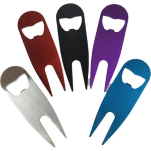 A drink bottle opener tool in silver, red, black, purple, and blue, designed for golf and featuring a logo.