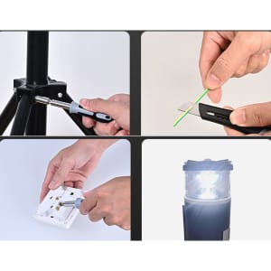 A black expedition LED lantern with a tool set, showcasing hands using tools and the lantern's light feature.
