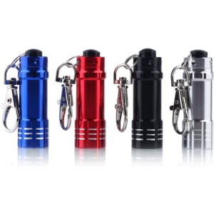 A set of four mini LED flashlights in blue, red, black, and silver, each with a keychain attachment.