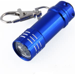 A blue mini flashlight with three LEDs and a keychain clip for easy attachment.