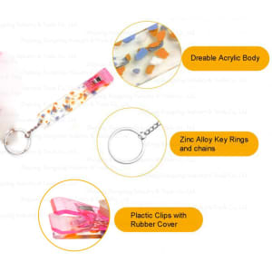 A keyring featuring a drink bottle design, made with a durable acrylic body in a multicoloured pattern and zinc alloy components.
