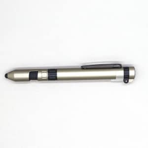 A gold and black 6-in-1 multi-tool pen featuring various functionalities and a clip for easy attachment.