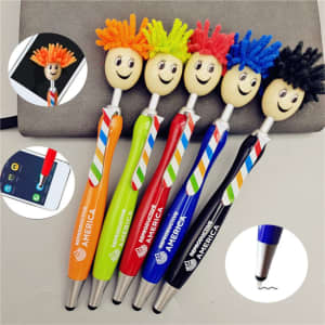 A collection of five brightly coloured stylus pens with fun hair designs on top, featuring a logo on some.