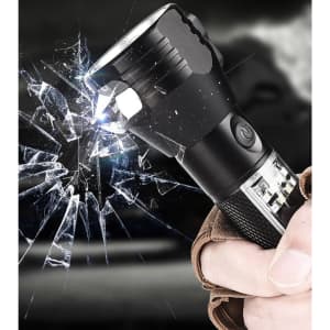 A black flashlight with a power bank feature, being held by a gloved hand, with a cracked glass effect in the background.
