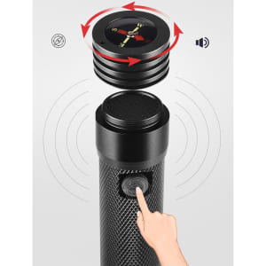 A black flashlight features a power bank function and a built-in compass on the top. It has a textured grip.