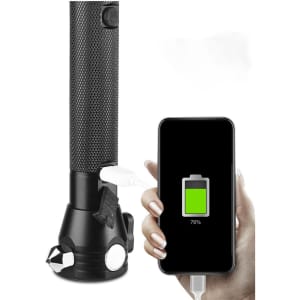 A black flashlight with a textured grip and a power bank feature, shown next to a smartphone displaying a charging icon.
