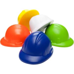 A collection of stress balls shaped like hard hats in blue, green, yellow, orange, and white, featuring a logo.