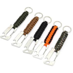 A set of five multie tool carabiners in green, brown, black, orange, and camouflage, each with a keyring.