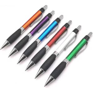 A set of plastic pens in orange, purple, blue, red, black, and green with rubber grips and silver accents.