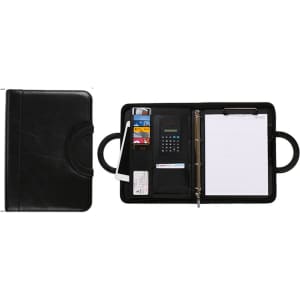 A black Conference Ring Portfolio featuring a calculator, card slots, and a notepad compartment.