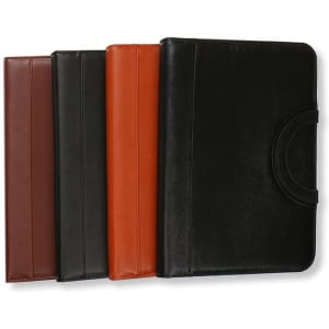 A collection of four Conference Ring Portfolios in brown, green, orange, and black, featuring sleek leather textures and a logo.