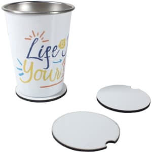 A drink bottle sits next to two round, white absorbent car coasters, featuring a metallic rim and a logo.