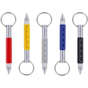 A 6-in-1 pen featuring red, yellow, blue, and black coloured bodies, each with a keyring attachment and ruler markings.