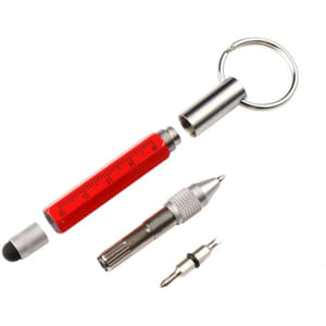 A red 6-in-1 pen multi-tool featuring a stylus, screwdriver, and keyring attachment, with metallic elements.