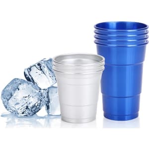 A stack of blue and silver rolled edge aluminium cups beside ice cubes, featuring a logo on one cup.
