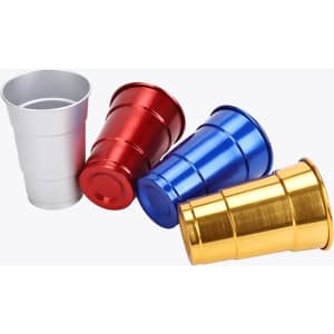 A set of four rolled edge aluminum cups in silver, red, blue, and gold, featuring a shiny finish and a logo.