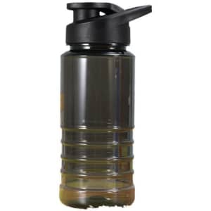 A drink bottle in dark green with a black drink-thru lid and textured grip. It features a logo on the side.
