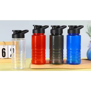A drink bottle collection featuring clear, red, olive green, and blue bottles, each with a black drink-thru lid.