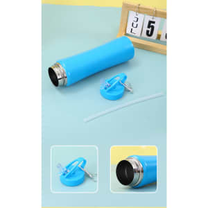 A drink bottle in bright blue with a stainless steel lid, includes a straw and a removable cap. Features a logo.