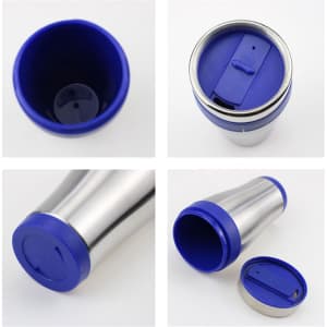 A stainless steel tumbler with a blue lid, featuring a logo and interior view showing the drinking opening and base.