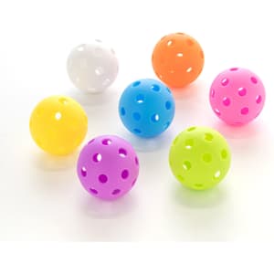 A set of seven pickleballs in vibrant colours: pink, blue, yellow, green, orange, white, and purple. Each ball has holes and a glossy finish.