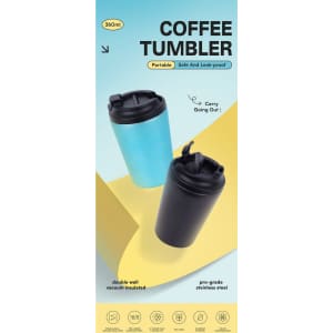 A coffee tumbler set featuring a light blue and a black stainless steel design, both with lids. Includes a logo.