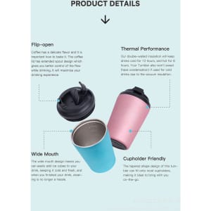 A travel mug with a pink exterior, a black lid, and wide mouth design, featuring a logo.