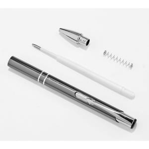 A metal ballpoint pen in silver, with its cap, nib, and inner spring laid out separately.