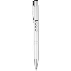 A silver metal ballpoint pen with a clip and a branding logo on the barrel.