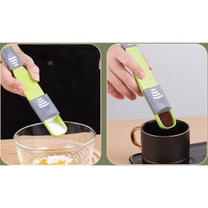 An adjustable measuring spoon in green and grey, held over a bowl and a cup, showcasing its versatile measurements.