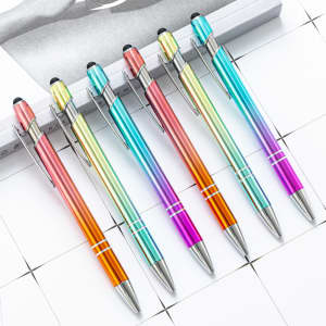 A set of six stylus pens in gradient colours, featuring metal bodies and rubber tips, displayed on a flat surface.