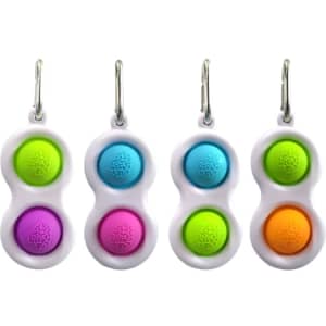 A set of four keychain fidget toys in green, blue, purple, and orange, featuring a white casing. Each has a branding logo.