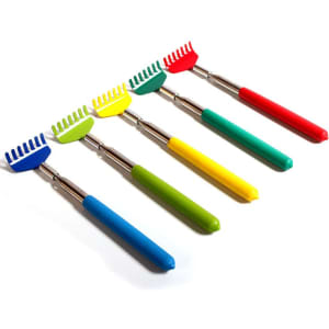 A set of five extendable back scratchers in red, green, blue, yellow, and a metallic handle, featuring a small rake design.