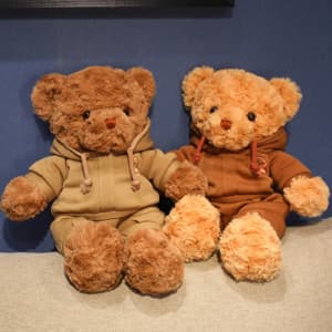 Two plush teddy bears in brown and beige hoodies, seated side by side against a blue background.
