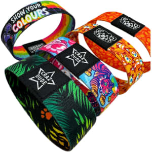 Four 1'' RPET elastic wristbands in vibrant designs, featuring various colours and patterns, each with a logo.