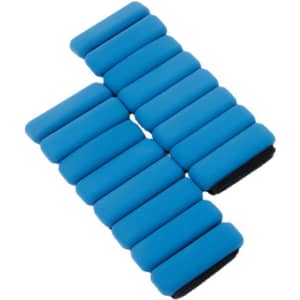 A collection of blue silicone weighted bracelets arranged in a grid pattern, with a black fastening band on each.