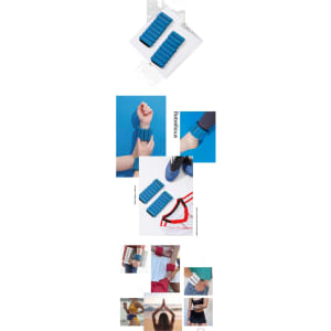 A silicone weighted bracelet in blue, displayed from various angles on a white and blue background, with hands wearing it.