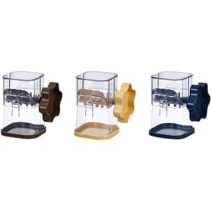 A manual mashing and grinder in three colours: brown, yellow, and navy blue, featuring a clear compartment and a handle.