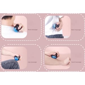 A set of four images displaying a blue and black Easy Grip Massage Ball being used for neck, back, leg, and hand massage.