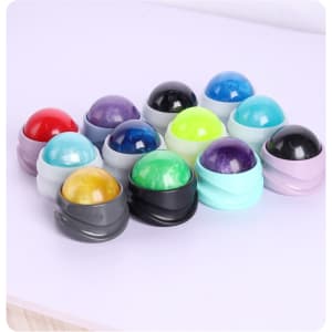 A collection of colourful massage balls in various shades, featuring a mix of glossy and matte finishes, some with branding.