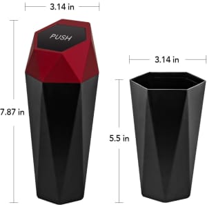 A geometric black and red car trash can with a push-top lid, featuring a logo on the top.