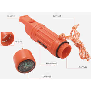 An orange survival tube featuring a whistle, compass, flintstone, mirror, and lanyard. It has a capsule for storage.